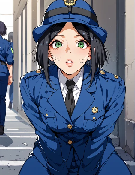 score_9, score_8_up, score_7_up, score_6_up,  <lora:execio_style:1.3>, police2, long black hair, uniform