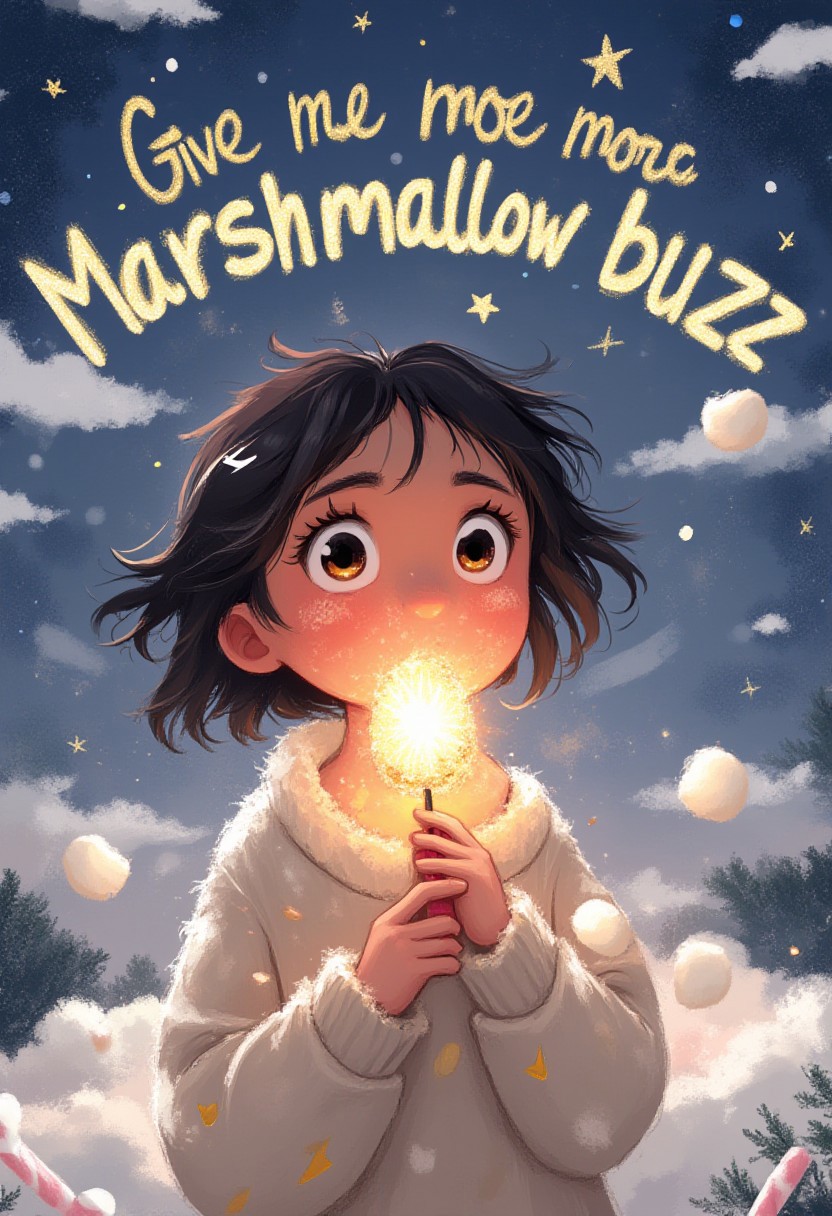 A highly detailed, dreamy digital illustration in a soft Ghibli-inspired art style, featuring a cute anime-style girl with big sparkling eyes and windswept hair, gently biting into a glowing marshmallow shaped like a lightning bolt. The marshmallow crackles with magical sugar sparks, softly glowing in pastel yellows and pinks. The girl wears a cozy oversized sweater with tiny marshmallow patterns, and her cheeks are blushing. Floating around her are whimsical candy clouds and tiny marshmallow sparks like fireflies. The background is a soft gradient of dreamy twilight blues and pinks, sprinkled with glitter-like stars. Rendered in a warm, painterly texture with soft lighting, rich detail, and a magical, heartwarming vibe.