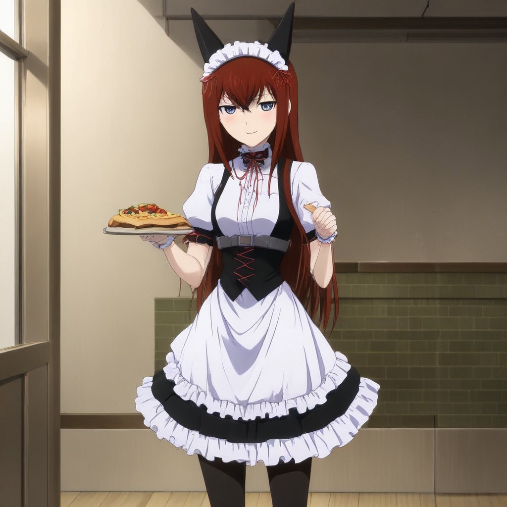 Anime style , A hot and cute pic of Makise Kurisu in maid outfit serving pizza , maid outfit , ribbon , animal ears , red hair , naughty pose , smiling , indoors , full-body view , sexy legs