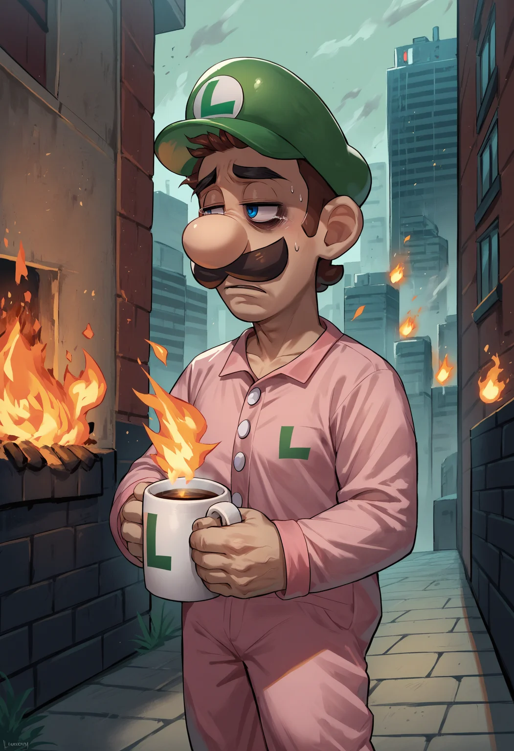 score_9, score_8_up, score_7_up, 1boy, tired, looking away, standing, holding coffee mug, bags under eyes, outdoors, city, fire, burning, burning building, <lora:Luigi_XLPD:1> Incrsluigi, luigi, green headwear, pink pajamas,