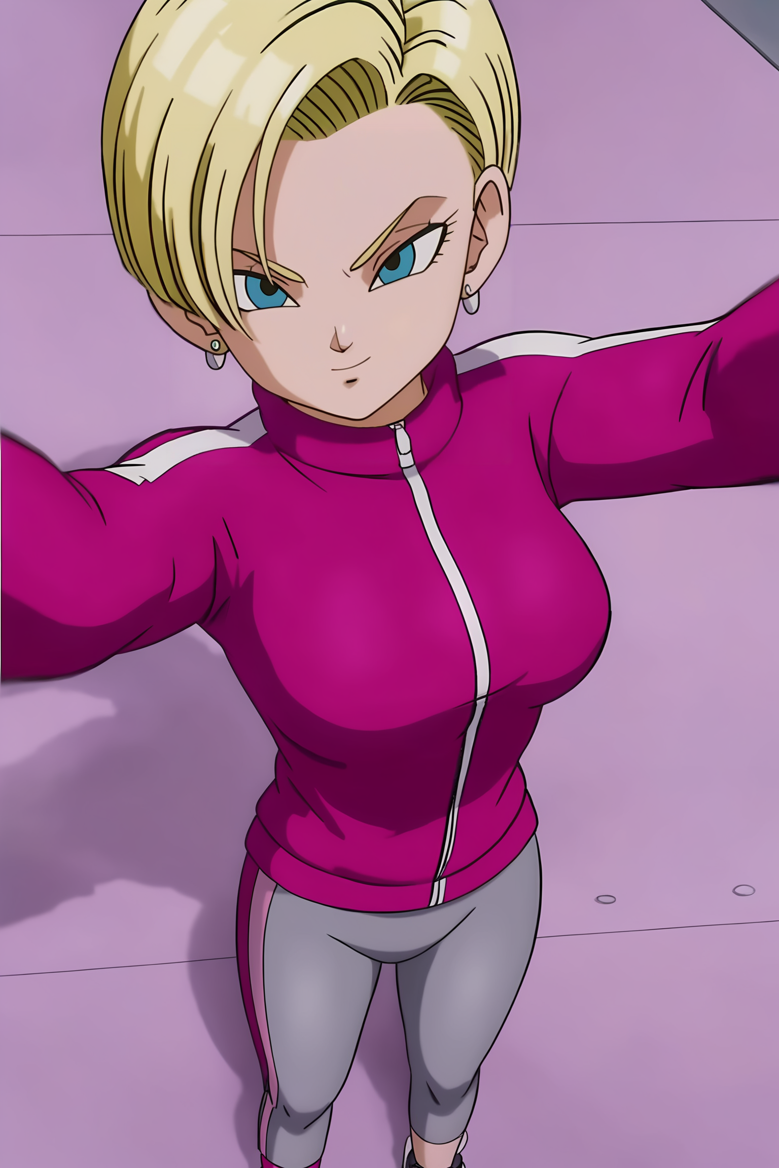 source_anime, score_9, score_8_up, score_7_up, anime screencap, absurdres,
android 18, very short hair, blue eyes, blonde hair, fringe trim
dragon ball super super hero, mismatched tracksuit, stud earrings, tight pants, track jacket, long sleeves, grey bottomwear, pink jacket, two tone jacket, two tone pants, pink legwear, sneakers, socks, multi tone footwear, black footwear,
from above, selfie, partially unzipped, cleavage, 
 <lora:c18_v1:0.8>