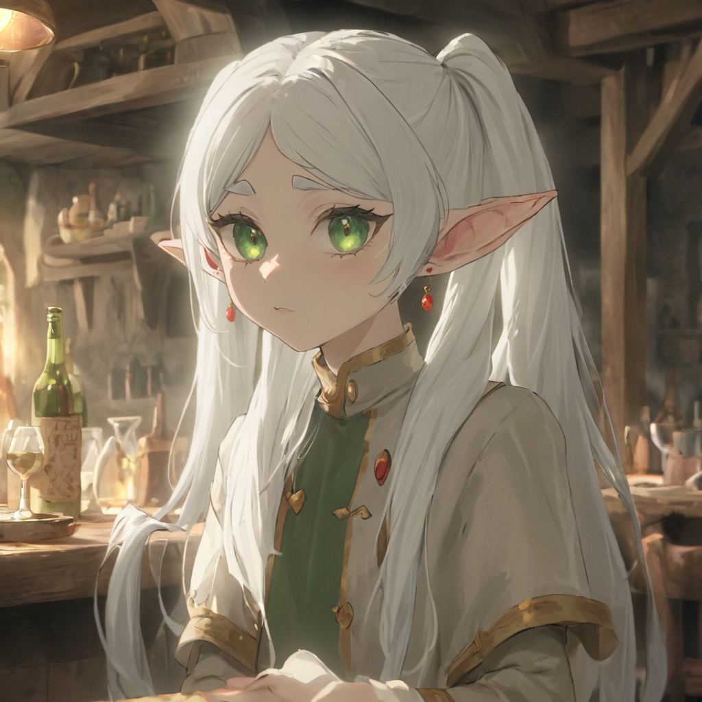 realistic, cinematic, (detailed), (highly detailed), HD, 8k, 4k,  a photo of a elf girl in a tavern, ((solo)) , white capalet,<lora:frieren-000006:0.95> frieren, long_hair, pointy_ears, elf, bangs, red earrings, jewelry, twintails, green_eyes, white_hair