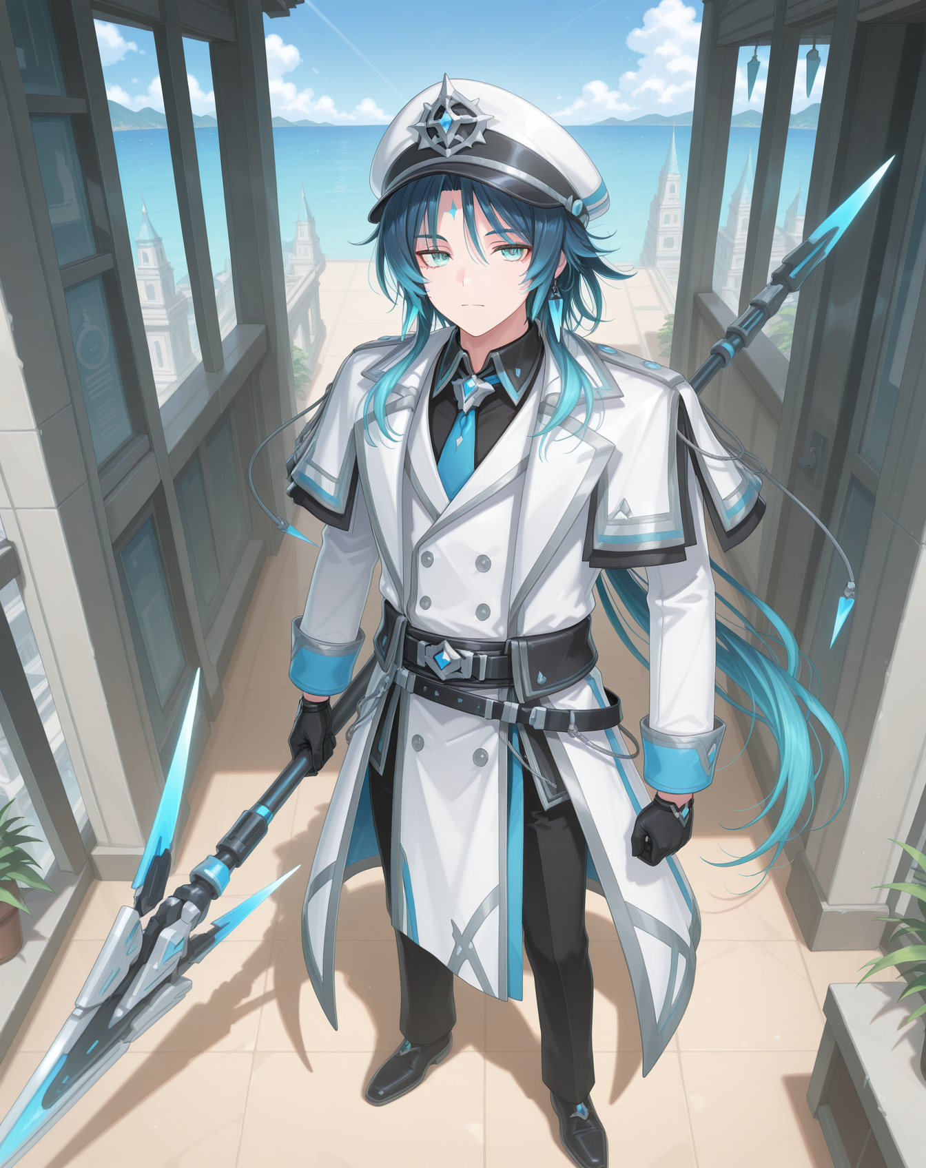 masterpiece, amazing quality, best quality, absurdres, very aesthetic,
1boy, solo, yaoi, male focus, full body, from above, standing, looking at viewer, face focus,
 <lora:Nepteon_Blue_Abyss_ilxl:1> nepteonba, dark blue hair, forehead mark, aqua eyes, sidelocks, 
white coat, black gloves, black pants, blue necktie, blue sash, black shirt, hat, long sleeves, peaked cap, black belt,white headwear, collared shirt, white capelet, double-breasted, buttons, sleeve cuffs, lapels, open coat, jewelry, white jacket, black necktie, black sash, black footwear, shoes,
holding polearm, holding weapon,spear, floating weapon,
outdoors, day, blue sky,