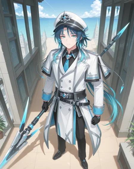 masterpiece, amazing quality, best quality, absurdres, very aesthetic,
1boy, solo, yaoi, male focus, full body, from above, standing, looking at viewer, face focus,
<lora:Nepteon_Blue_Abyss_ilxl:1> nepteonba, dark blue hair, forehead mark, aqua eyes, sidelocks,
white coat, black gloves, black pants, blue necktie, blue sash, black shirt, hat, long sleeves, peaked cap, black belt,white headwear, collared shirt, white capelet, double-breasted, buttons, sleeve cuffs, lapels, open coat, jewelry, white jacket, black necktie, black sash, black footwear, shoes,
holding polearm, holding weapon,spear, floating weapon,
outdoors, day, blue sky,