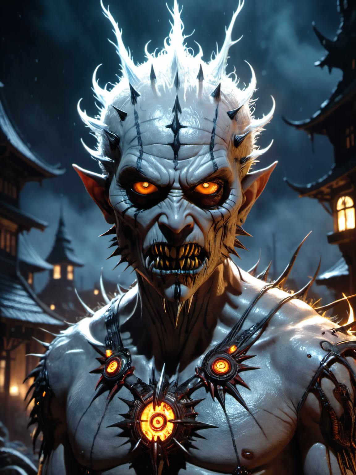 breathtaking illustration in the style of gris grimly and clive barker and lars grant-west,sparks fear and imagination in the viewer,masterpiece,intricately detailed,awe inspiring, an evil torturer looking for prey at night, Ultra-HD-details, glow effects, godrays, Hand drawn, render, 8k, octane render, cinema 4d, blender, dark, atmospheric 4k ultra detailed, cinematic, Sharp focus, big depth of field, Masterpiece, colors, 3d octane render, 4k, concept art, trending on artstation, hyperrealistic, Vivid colors, extremely detailed CG unity 8k wallpaper, trending on CGSociety, Intricate, High Detail, dramatic