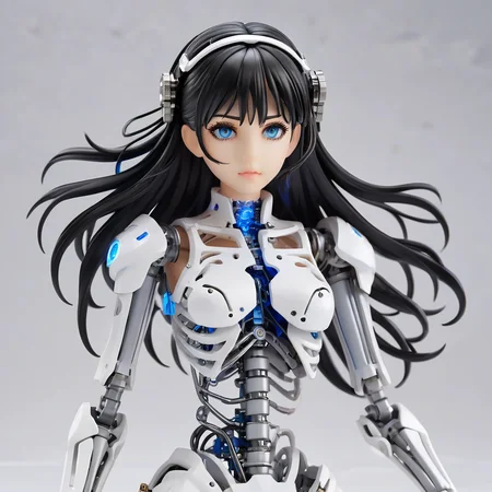 <lora:PVC:1>ï¼PVC figure,rendering,upper body,bared legs,
Masterpiece,8K wallpaper, super detailed,portrait,(full body),((damaged)),dissection,
(1 girl:1.5),(solo),(Machine Skeleton),black hair,Medium breasts,Beautiful detailed blue eyes,(Mechanical (heart)),
(Wire),(Transmission tube),
(white background: 1.8),mecha Machine Skeleton ,natural light, light tracing