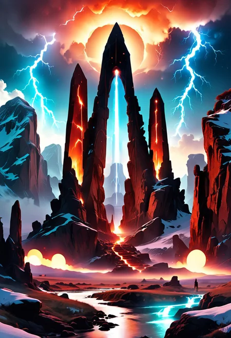 (by Ellen Jewett:1.5), (Fiery red Bioluminescent Impressionism with lightning, mountain landscape, The Dreamland, Gibson Great Mountains, rock, sky, giantobelisk, great grand obelisk on mountains, great magic, great lightning, scenery, great great magical obelisks, sunset, sunrise , stream, lightning, snow and ice, ethereal landscapes, depth of field, biotech emotion:1.3) <lora:xl_more_art-full_v1:0.5> <lora:add-detail-xl:1> , ral-wlfnte <lora:RMSDXL_Creative:2>, magical