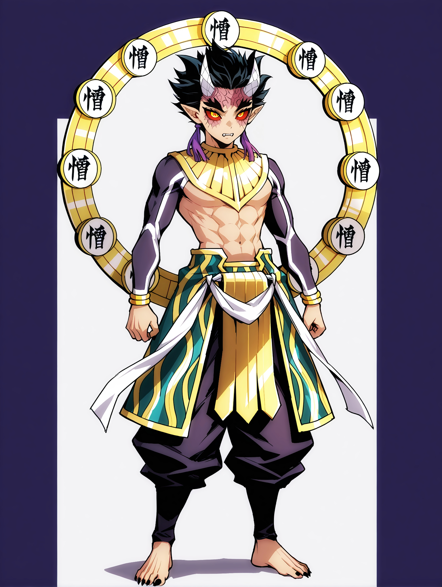 masterpiece, very aesthetic, best quality, solo, amazing quality, imtdzohakuten, 1boy, male, purple tassel, black hair, pointy ears, red sclera, yellow eyes, egyptian clothes, horns, covered arms, bracelet, pants, short hair, kanji pupils, barefoot, facial mark, spiked hair, fit body, toned, fangs, black nails, sharp fingernails, long sleeves, back circle, cover, two tone background
