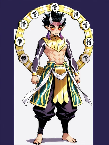 masterpiece, very aesthetic, best quality, solo, amazing quality, imtdzohakuten, 1boy, male, purple tassel, black hair, pointy ears, red sclera, yellow eyes, egyptian clothes, horns, covered arms, bracelet, pants, short hair, kanji pupils, barefoot, facial mark, spiked hair, fit body, toned, fangs, black nails, sharp fingernails, long sleeves, back circle, cover, two tone background
