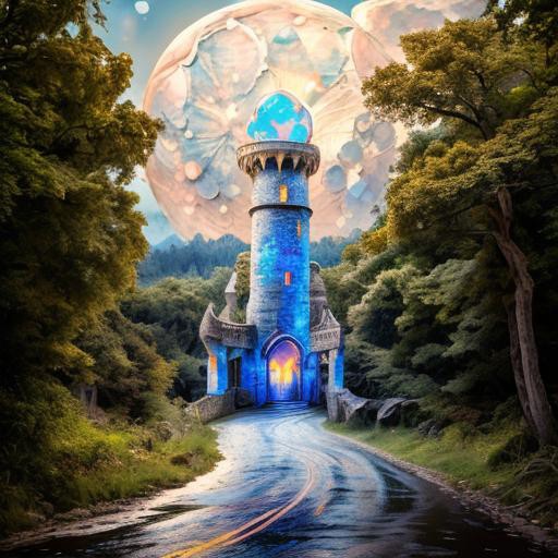 realistic analog photo, award winning photo, GoldMoonstoneWorld witow, no humans, scenery, blue sky, road, nature, outdoors, RAW, highres, 8k, uhd, High Dynamic Range, tonemapping, crisp details, portcullis,