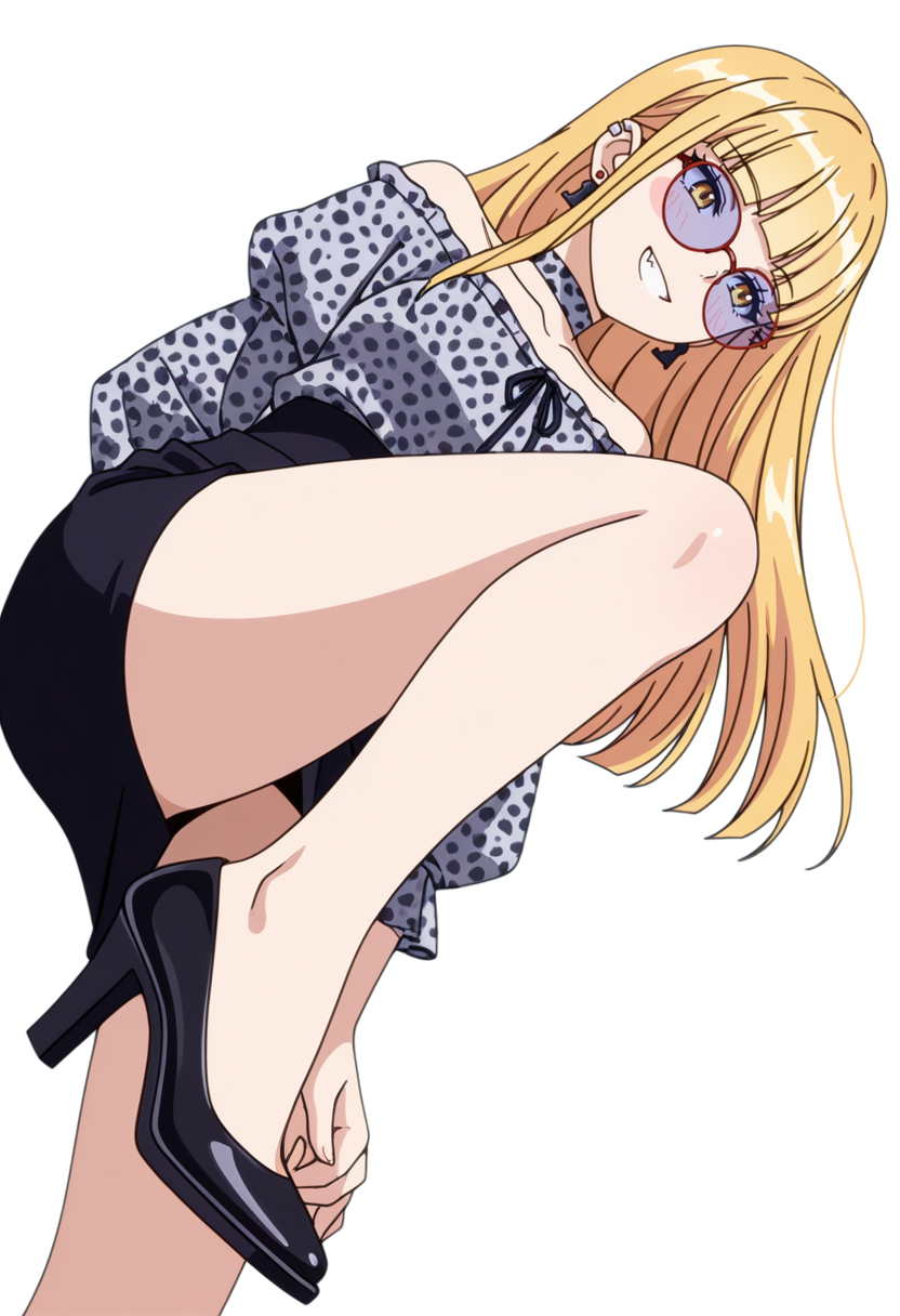 masterpiece,high quality details, absurdres,
<lora:Ruriko:0.7>enh_cnr,
ruriko_cnr,1girl, blonde hair, long hair,blunt bangs, yellow eyes, fang, ear piercing,earrings,
ruriko_s2, collarbone,grey shirt, off shoulder, long sleeves, puffy sleeves,black pencil skirt, leopard print,choker,eyewear, sunglasses,black high heels,, simple background, white background, from below,solo,, blush stickers,grin,, hands touching toes,arms behind back,standing with weight on one leg,