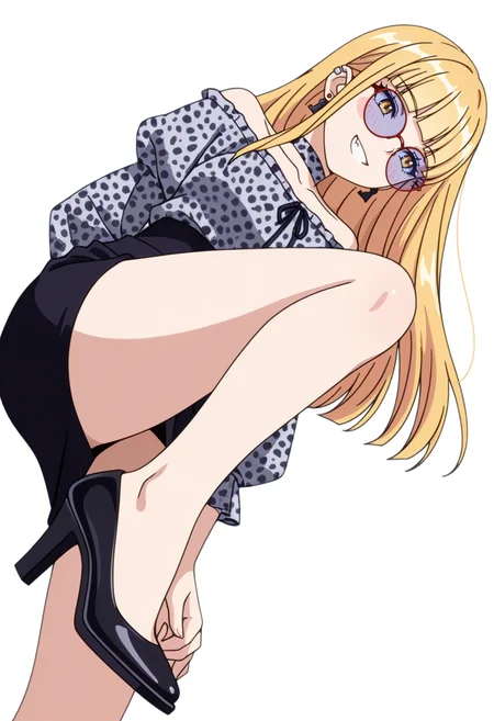 masterpiece,high quality details, absurdres,
<lora:Ruriko:0.7>enh_cnr,
ruriko_cnr,1girl, blonde hair, long hair,blunt bangs, yellow eyes, fang, ear piercing,earrings,
ruriko_s2, collarbone,grey shirt, off shoulder, long sleeves, puffy sleeves,black pencil skirt, leopard print,choker,eyewear, sunglasses,black high heels,, simple background, white background, from below,solo,, blush stickers,grin,, hands touching toes,arms behind back,standing with weight on one leg,