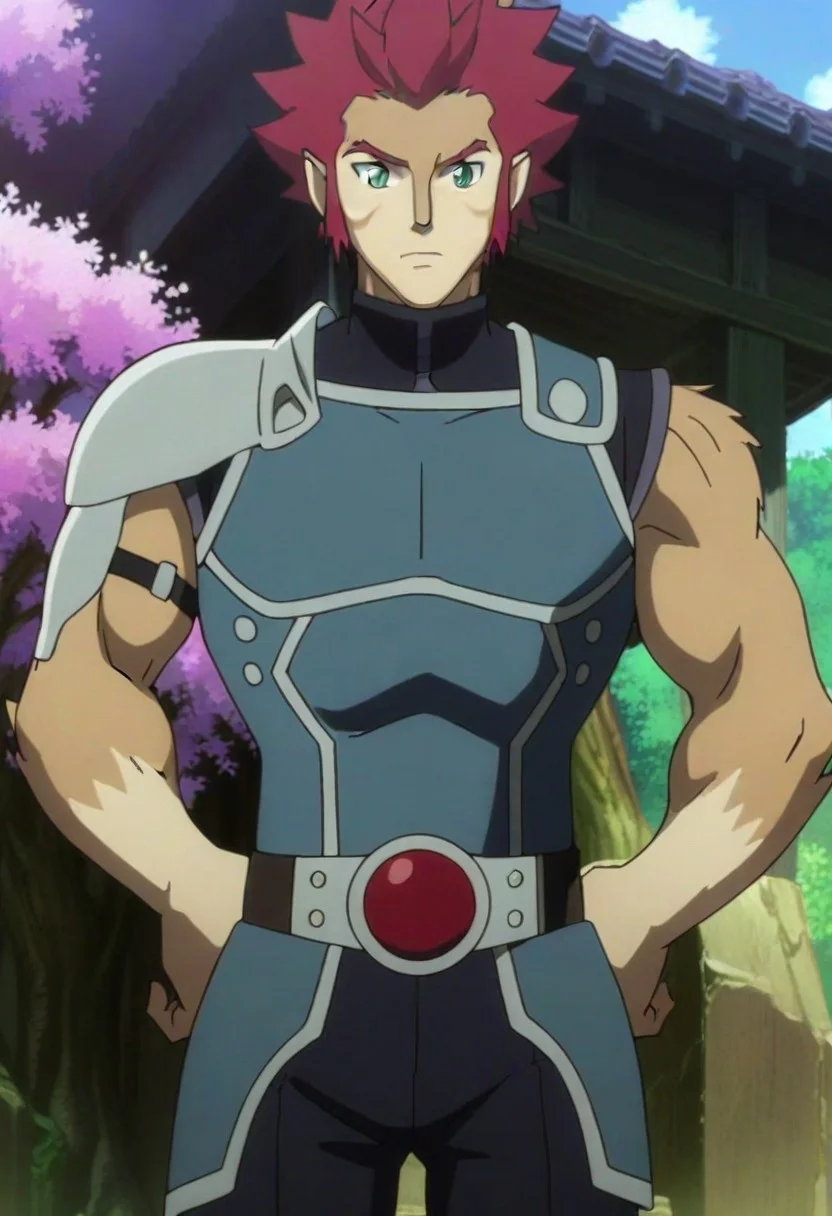 ((masterpiece)), ((best quality)), ((ultra-detailed)), ((absurdres)), score_9_up, score_8_up, score_7_up,
HD, top quality, best quality, amazing quality, High-quality illustrations, anime screencap, source_anime, best aesthetic, perfect proportions, perfect eyes, 1boy, 1male, solo boy, solo male, male focus, solo male focus, Anime, boy, male anime character, anime boy, handsome, cute, charming, sexy, good-looking, ((tall body, tall height)), ((hunk, fit body)), Lion-O, feline appearance, furry body, red hair, spiked hair, blue-green eyes, slit pupils, pointed ears, black turtleneck, blue armor, sleeveless, armband, red gem belt, blue pants, ((cowboy shot, head to hips shot)), updn, easynegative