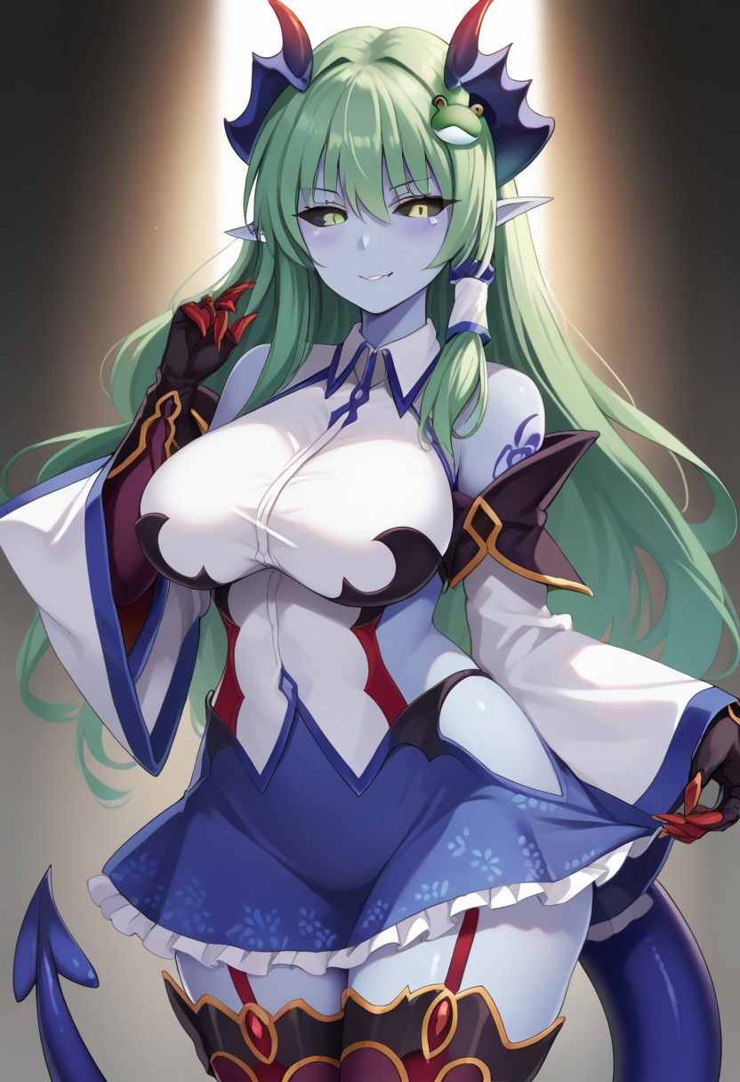 score_9, score_8_up, score_7_up,masterpiece, best quality, absurdres, extremely detailed,2d,source anime,1girl,mgedemon,1girl,horns,colored skin,black sclera,demon girl,pointy ears,tail,wings,skimpy armor,thighhighs,elbow gloves,shiny skin,large breasts,blushed,smug,kochiya sanae, 1girl, green hair, long hair, green eyes, frog hair ornament, hair tubes, snake hair ornament, collared shirt, white shirt, detached sleeves, wide sleeves, blue skirt, frilled skirt