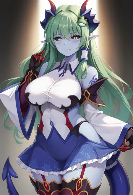 score_9, score_8_up, score_7_up,masterpiece, best quality, absurdres, extremely detailed,2d,source anime,1girl,mgedemon,1girl,horns,colored skin,black sclera,demon girl,pointy ears,tail,wings,skimpy armor,thighhighs,elbow gloves,shiny skin,large breasts,blushed,smug,kochiya sanae, 1girl, green hair, long hair, green eyes, frog hair ornament, hair tubes, snake hair ornament, collared shirt, white shirt, detached sleeves, wide sleeves, blue skirt, frilled skirt