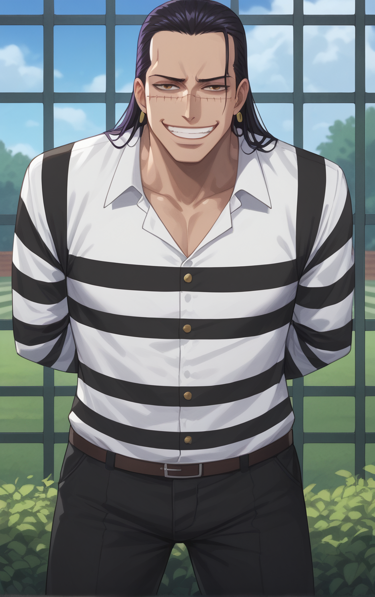 score_9, score_8_up, score_7_up, looking at viewer,  BREAK
JailOutfit_Crocodile_ownwaifu, hook,
1boy, black eyes, black hair, hair slicked back,  male focus, scar on face, single earring, scar, jewelry, earrings, long hair, 
prison clothes, cigar, smoking, stitches, smile, striped shirt, shirt, striped, grin, teeth, evil smile, long sleeves
(leaning forward, arms behind back), cowboy shot, garden, wisteria, outdoors, <lora:PONYXL_Pre_ONEPIECE_Crocodile_ownwaifu:0.85> , depth of field, solo, Interesting Image, Captivating Image,