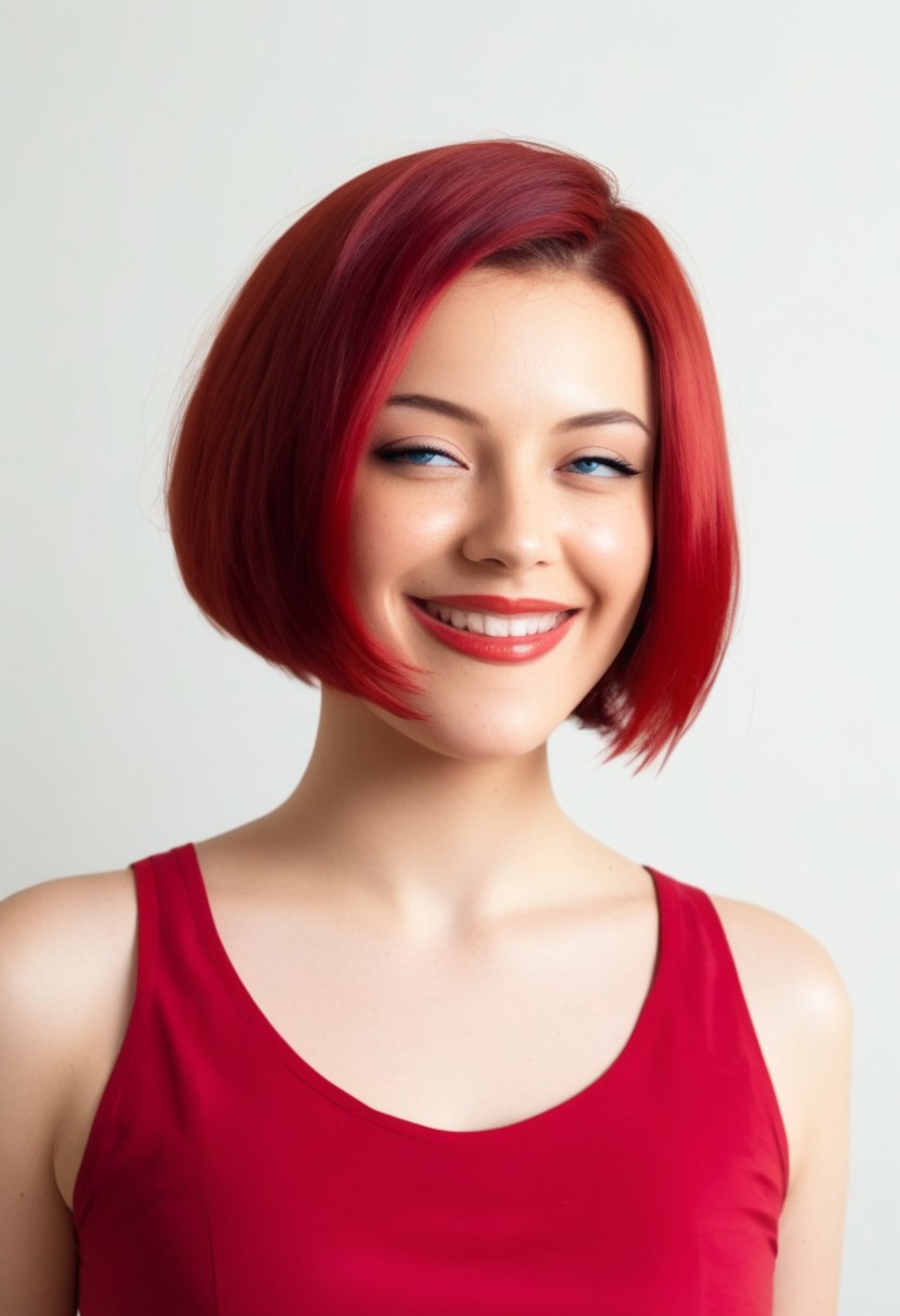 dark red hair, short bob hairstyle, 1girl, naughty smile, portraitn half closed eyes, looking sideways