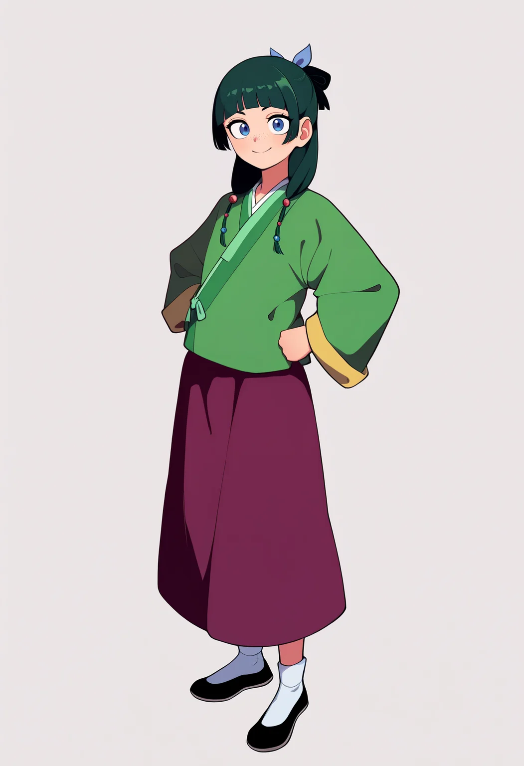 best quality, amazing quality, very aesthetic, absurdres,
1girl, maomao, blue eyes, blunt bangs, freckles, green hair, hair ornament,
green japanese clothes, long hair, long sleeves, purple skirt,
hands on hips, smile, standing, full body, looking at viewer, solo, simple background, white background <lora:MaoMaoNoobXL_byKonan:1>