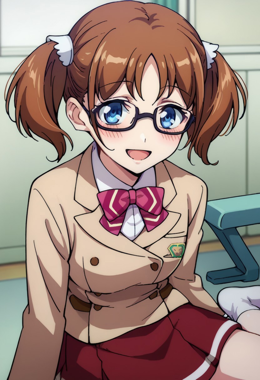 score_9, score_8_up, score_7_up, source_anime, sakuraiaina, short twintails, glasses, smile, open mouth, socks, looking at viewer, sitting, red skirt, long sleeves, blush, upper body