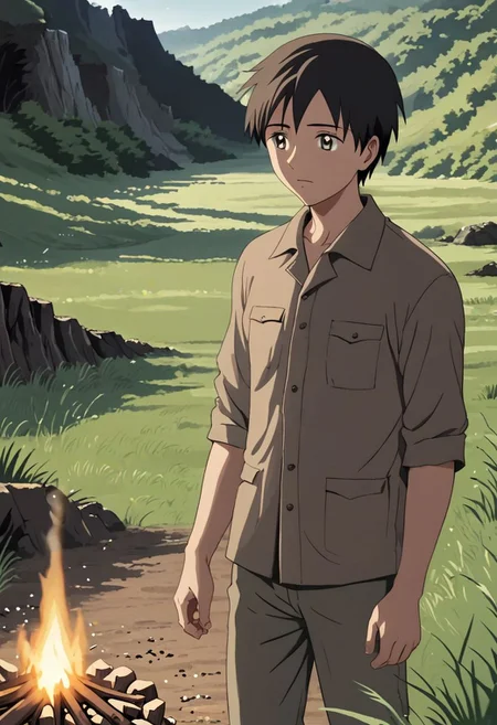 high resolution, solo, best quality, 1Boy, Takaki Toono, Brownish Hair, Brown Eyes, cave, bunker, field Ration, bonfire, OverallDetail