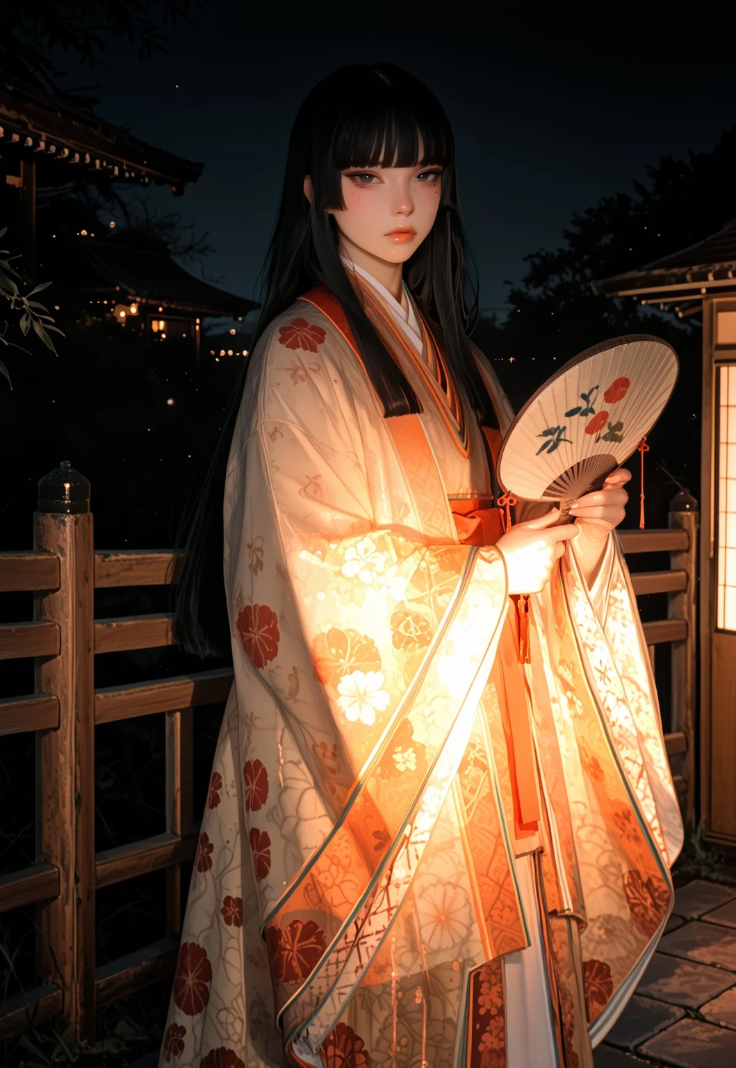 masterpiece, absurdres, best quality, incredibly absurdres, dynamic pose, dark theme, 1girl, solo, black eyes, black hair, long hair, bangs, fence, looking at viewer, glossy lips, outdoors, blunt bangs, mole under eye, Asian girl, tsurime, hime cut,
scenery, depth of field, dim lighting, traditional Japanese architecture, outdoors, night, ((traditional Japanese clothes, layered kimono, long sleeves, Heian period, standing, holding fan))