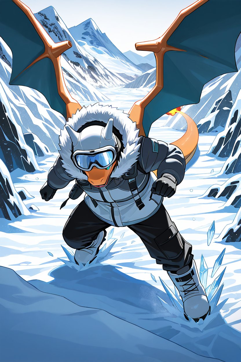 masterpiece, best quality,   <lora:CharizardPokedexIXL:1.0>,   no humans, solo, dynamic pose,  Charizard in heavy winter gear, snow goggles, fur-lined hood, snow boots, frozen landscape, ice cave, snowstorm, mountain peak, icy wind