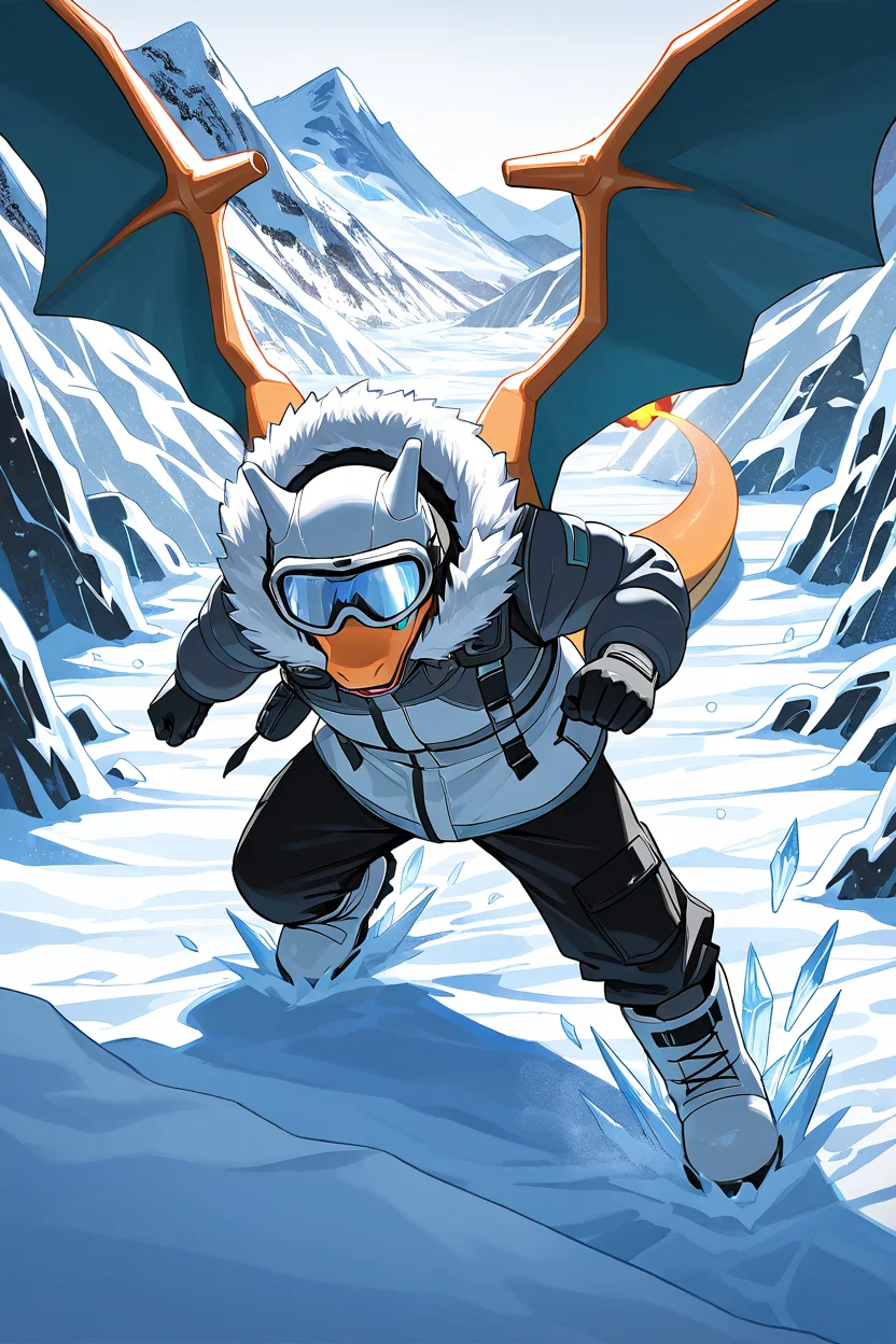 masterpiece, best quality, <lora:CharizardPokedexIXL:1.0>, no humans, solo, dynamic pose, Charizard in heavy winter gear, snow goggles, fur-lined hood, snow boots, frozen landscape, ice cave, snowstorm, mountain peak, icy wind