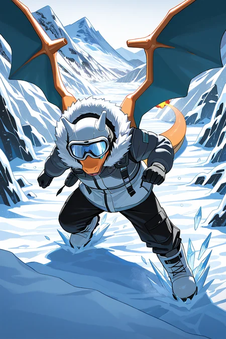masterpiece, best quality,   <lora:CharizardPokedexIXL:1.0>,   no humans, solo, dynamic pose,  Charizard in heavy winter gear, snow goggles, fur-lined hood, snow boots, frozen landscape, ice cave, snowstorm, mountain peak, icy wind