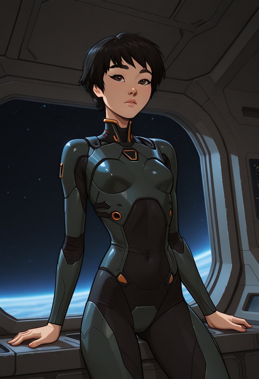 masterpiece,best quality,amazing quality,newest, absurdres, highres, detailed eyes, beautiful, perfect eyes, finely detailed face, very aesthetic, anime coloring, anime screencap, incoth, (incase:0.6), (depth of field)
1girl,  
KimmyDKov, short hair, black hair, brown eyes, slim, small breasts, 
scifi armor,
 dynamic pose, dutch angle,
scifi setting, indoor, space ship interior,