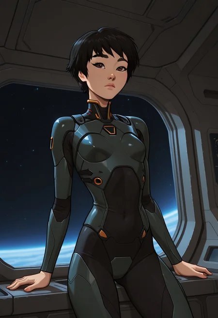 masterpiece,best quality,amazing quality,newest, absurdres, highres, detailed eyes, beautiful, perfect eyes, finely detailed face, very aesthetic, anime coloring, anime screencap, incoth, (incase:0.6), (depth of field)
1girl,
KimmyDKov, short hair, black hair, brown eyes, slim, small breasts,
scifi armor,
dynamic pose, dutch angle,
scifi setting, indoor, space ship interior,