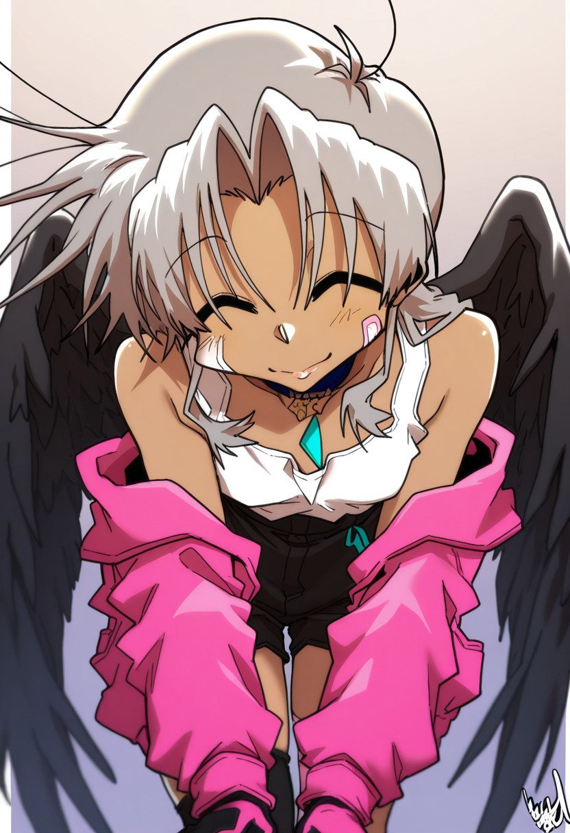edkuroki, best quality, masterpiece, hires, aesthetic. solo, 1girl, closed eyes, lips, smile, grey hair, pose, grey dark-skinned female, bare shoulders, baggy jacket, black feather wings, high-waist_shorts, dual-colored gloves, pink gloves, asymmetrical thigh-highs, leaning forward, looking at another out of view, head turned to the right side