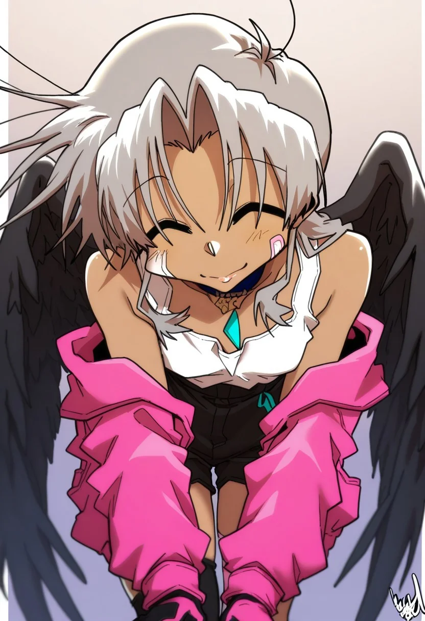edkuroki, best quality, masterpiece, hires, aesthetic. solo, 1girl, closed eyes, lips, smile, grey hair, pose, grey dark-skinned female, bare shoulders, baggy jacket, black feather wings, high-waist_shorts, dual-colored gloves, pink gloves, asymmetrical thigh-highs, leaning forward, looking at another out of view, head turned to the right side