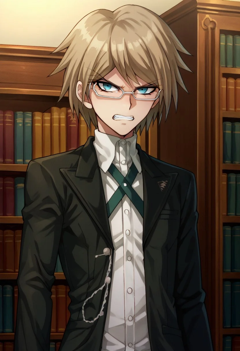 score_9, score_8_up, score_7_up, source_anime, highly detailed,
togami, 1boy, male focus, solo, glasses, jacket, shirt, teeth, clenched teeth, bangs, collared shirt, clenched hand, looking at viewer, short hair, black jacket, angry, upper body, open clothes, open jacket,
white shirt, semi-rimless eyewear, long sleeves, dress shirt, blue eyes, chain, hand up, brown hair,
indoor, books, bookshelf,