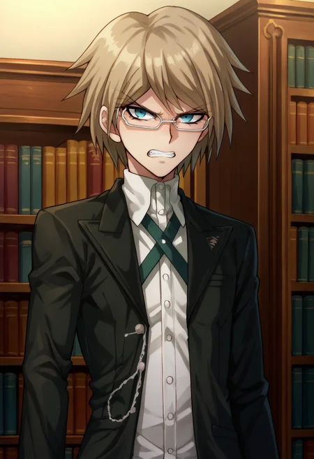 score_9, score_8_up, score_7_up, source_anime, highly detailed,
togami, 1boy, male focus, solo, glasses, jacket, shirt, teeth, clenched teeth, bangs, collared shirt, clenched hand, looking at viewer, short hair, black jacket, angry, upper body, open clothes, open jacket,
white shirt, semi-rimless eyewear, long sleeves, dress shirt, blue eyes, chain, hand up, brown hair,
indoor, books, bookshelf,