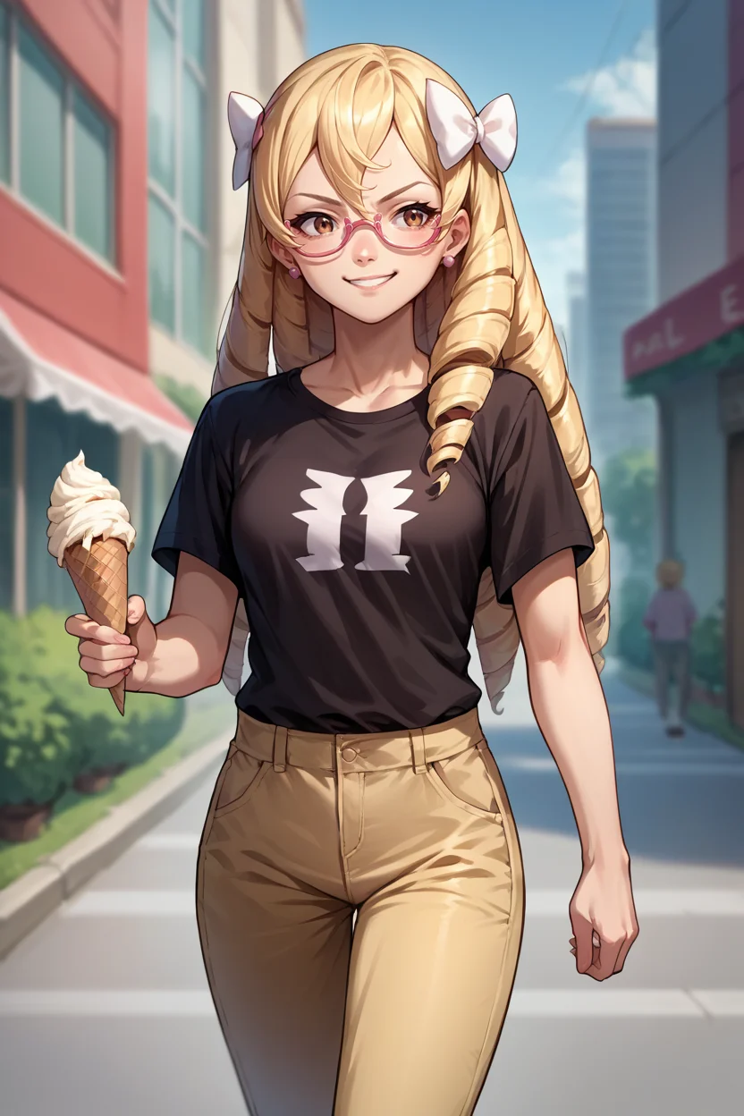 score_9, score_8_up, score_7_up, score_6_up, source_anime, 1girl, solo, <lora:femaribelle-pdxl-nvwls-v1-000005:1> maribelle, blonde hair, long hair, drill hair, hair bow, earrings, black t-shirt, pink heart-shaped glasses, gold pants, walking, city, holding ice cream cone, smirk
