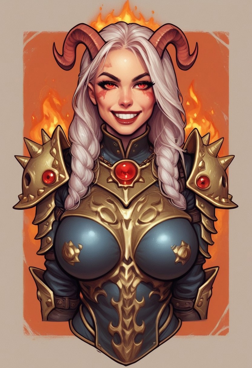 from front, (((front view))), 1girl, illustration, comic style, looking at viewer, highly detailed,
big breasts, (curvy), eyelashes, Khorne marks, ((marks of Chaos)), evil, blood, DaughterOfKhorne, (((skull))), chain, spikes, armor, 1girl, long hair, white hair, looking at viewer, smile, teeth, red eyes, straight horns, red theme, fire, shoulder armor, gauntlets, , pauldrons, full armor, demon, pretty face, space marine <lora:bolter:0.9> <lora:gstr-pdxl:0.8> <lora:Cherry-Gig:0.55> ((((full-clothed armor))))
BREAK 
strange world background score_9, score_8_up, score_7_up, score_6_up, source_cartoon, rating_explicit, Expressiveh, (((((upper body, full body))))), dynamic pose