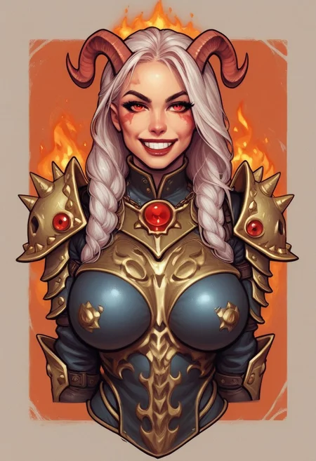 from front, (((front view))), 1girl, illustration, comic style, looking at viewer, highly detailed,
big breasts, (curvy), eyelashes, Khorne marks, ((marks of Chaos)), evil, blood, DaughterOfKhorne, (((skull))), chain, spikes, armor, 1girl, long hair, white hair, looking at viewer, smile, teeth, red eyes, straight horns, red theme, fire, shoulder armor, gauntlets, , pauldrons, full armor, demon, pretty face, space marine <lora:bolter:0.9> <lora:gstr-pdxl:0.8> <lora:Cherry-Gig:0.55> ((((full-clothed armor))))
BREAK
strange world background score_9, score_8_up, score_7_up, score_6_up, source_cartoon, rating_explicit, Expressiveh, (((((upper body, full body))))), dynamic pose