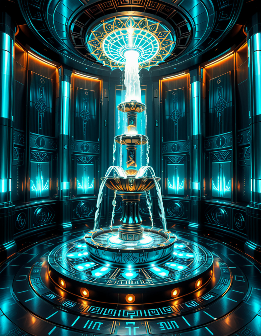 The center of a high-tech, alien temple-laboratory, where dark metallic walls shimmer under the glow of cyan vertical light tubes and faint sacred runes. In the middle of the chamber lies an elaborate biomechanical fountain, rising like an altar from a circular platform of engraved metal. The fountain pulses with iridescent liquid light, flowing in gravity-defying streams that spiral upward before cascading back into a glowing basin etched with ritual patterns. Bioluminescent veins run through the structure, illuminating the surrounding floor like circuitry. Overhead, a radiant, halo-like design casts a celestial glow, enhancing the surreal, sanctified atmosphere. The space exudes a fusion of sacred ceremony and alien technology, as if the fountain were a source of divine power worshipped by another world.
<lora:high-tech_alien_temple_f0unt41n:1>,high-tech alien temple f0unt41n,<lora:SDXLFaeTastic2400:0.4> <lora:extremely_detailed:0.4> extremely detailed, Masterpiece,best quality,hi res,8k,hi res,8k,award winning,(sharp focus, intricate, highly detailed),