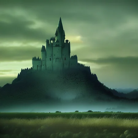 ArsGreenMistWorld, Landscape, castle in the background, ominous, no people