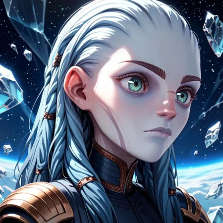(score_9, score_8_up, score_7_up, score_6_up), gwyndala, 1girl, solo, alien, long hair, colored skin, braid, blue hair, portrait, closed mouth, glass, green eyes, facial mark, broken glass, viewport, space