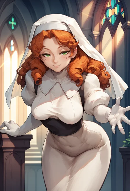 score_9,score_8_up,score_7_up, score_6_up, female, solo, nun, habit, white veil, white dress, juliet sleeves, light smile, closed mouth, half-closed eyes, long dress, hobble dress, pencil dress, cowboy shot, breasts, church, temple, column, interior, crepuscular rays, reaching towards viewer, beckoning, open hand, white gloves, orange hair, curly hair, hair over shoulder, looking at viewer, green eyes, freckles, white sleeves, taut dress, leaning forward, (arm behind back:0.8), depth of field, detailed background,