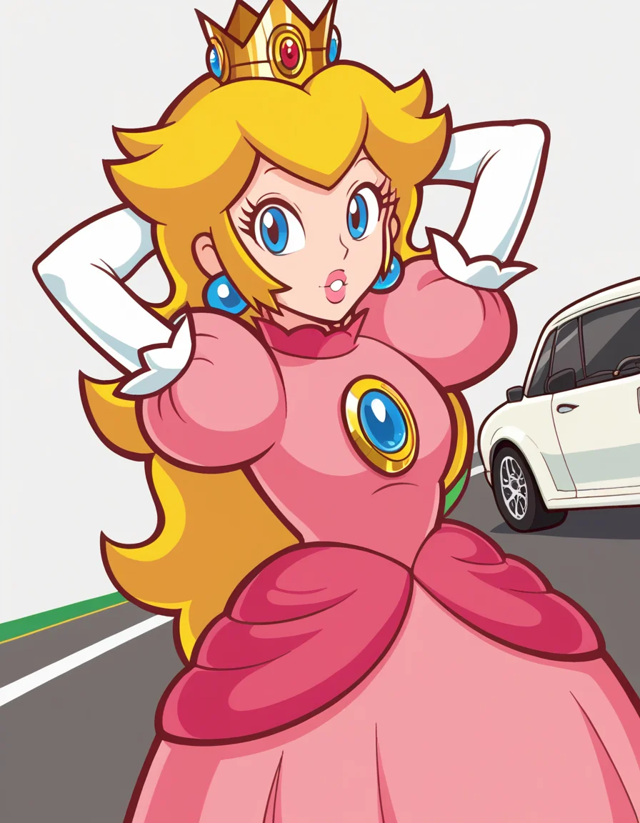 score_9, score_8_up, score_7_up, source_anime, <lora:super-princess-peach-ingame-ponyxl-lora-nochekaiser:1>, princess peach, blonde hair, blue eyes, long hair,, crown, dress, gem, gloves, pink dress, puffy short sleeves, puffy sleeves, short sleeves, white gloves,, road, cars, asphalt, travel, speed, , hands behind head,, looking at viewer, solo,, dutch angle, cowboy shot