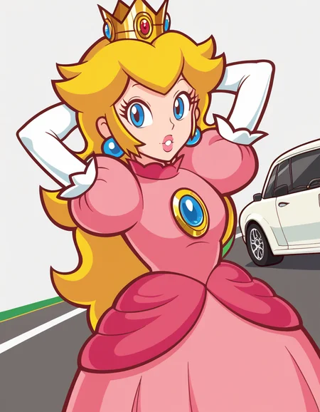 score_9, score_8_up, score_7_up, source_anime, <lora:super-princess-peach-ingame-ponyxl-lora-nochekaiser:1>, princess peach, blonde hair, blue eyes, long hair,, crown, dress, gem, gloves, pink dress, puffy short sleeves, puffy sleeves, short sleeves, white gloves,, road, cars, asphalt, travel, speed, , hands behind head,, looking at viewer, solo,, dutch angle, cowboy shot