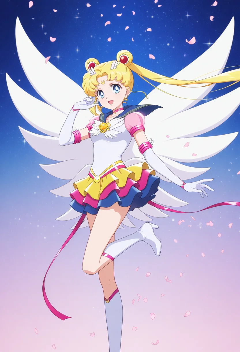 1girl,solo,<lora:eternal_sailor_moon.v3:1>,tsukino usagi,sailor moon,magical girl,blue eyes,sailor senshi uniform,twintails,sailor collar,jewelry,hair bun,crescent facial mark,forehead mark,choker,hair ornament,brooch,earrings,elbow gloves,layered skirt,multicolored skirt,star \(symbol\),see-through sleeves,puffy short sleeves,ribbon,knee boots,wings,
standing on one leg,open mouth,smile,looking at viewer,hand up,high_heels,wind,falling petals,
masterpiece,best quality,amazing quality,