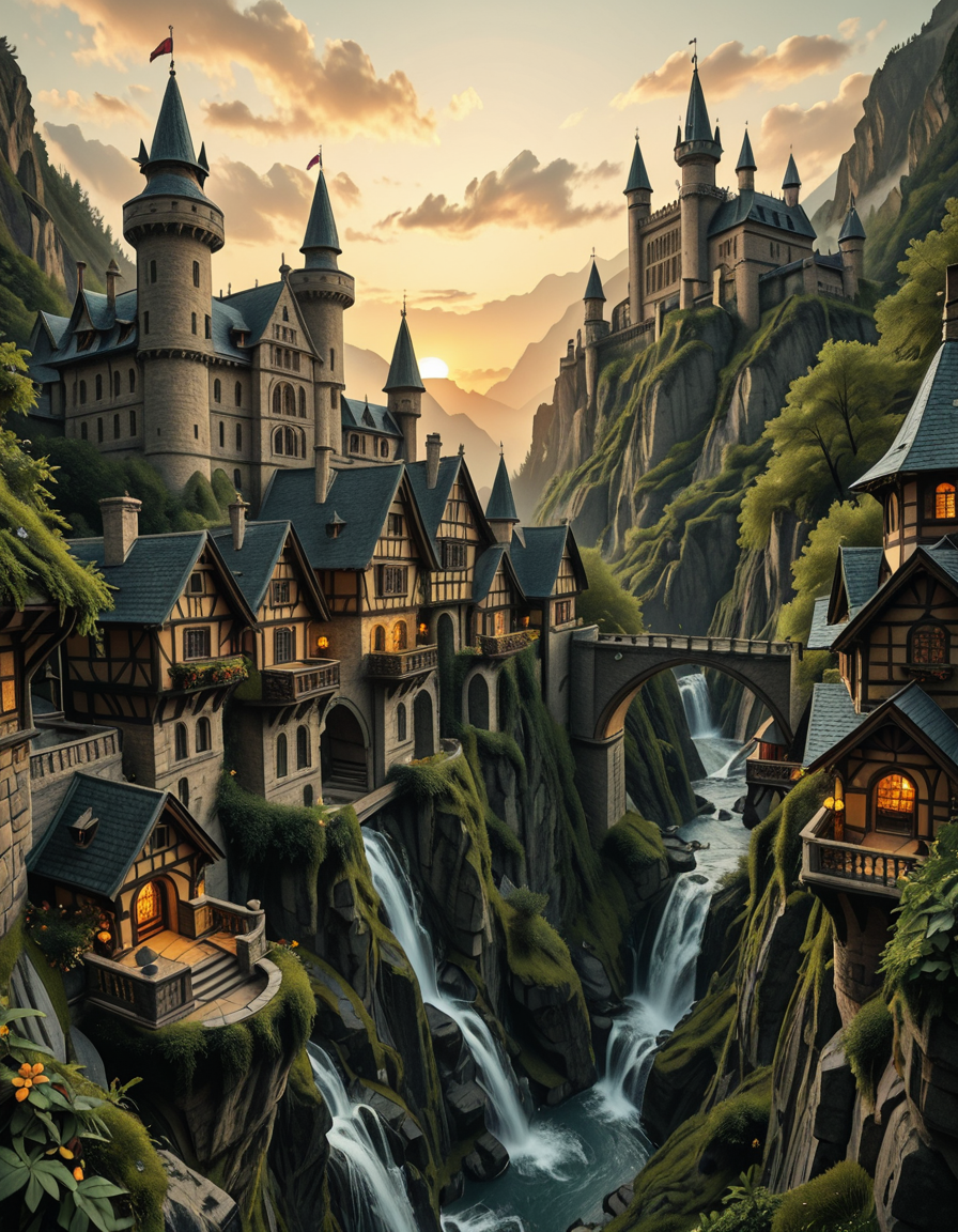 A breathtaking medieval fantasy city nestled in a lush valley, surrounded by towering mountains and dense forests. A grand castle with multiple towers and turrets stands atop a hill, overlooking the town below. The city consists of charming half-timbered houses with glowing windows, perched on rocky cliffs and connected by stone bridges over cascading waterfalls. The river flows through the village, reflecting the warm golden lights of lanterns and torches. Ivy and moss grow over the stone walls, adding to the enchanted, ancient atmosphere. The background features misty mountains with additional fortresses and watchtowers, partially hidden by low-hanging clouds. The sky is illuminated by a soft, warm sunset, casting a golden glow on the scenery, creating a perfect blend of realism and fantasy. Highly detailed, cinematic, and immersive, with a magical, fairy-tale ambiance.
<lora:SDXLFaeTastic2400:0.4> <lora:extremely_detailed:0.4> extremely detailed, ,medieval f4nt4sy c1ty <lora:medieval_f4nt4sy_c1ty-i:1>, Masterpiece,best quality,hi res,8k,hi res,8k,award winning,(sharp focus, intricate, highly detailed),