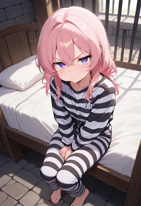 official art, masterpiece, best quality, absurdres, solo, 1girl, female focus, CivChan, prison clothes, striped shirt, long sleeves, striped pants, barefoot, stone floor, stone wall, bench, bed, jail cell, fantasy, pout, looking at viewer, behind bars, on bed,