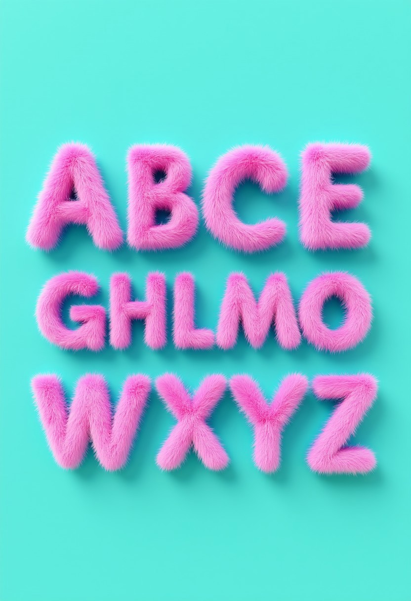 furrytext ABC with pink letters coated in pink furr on turqoise background.