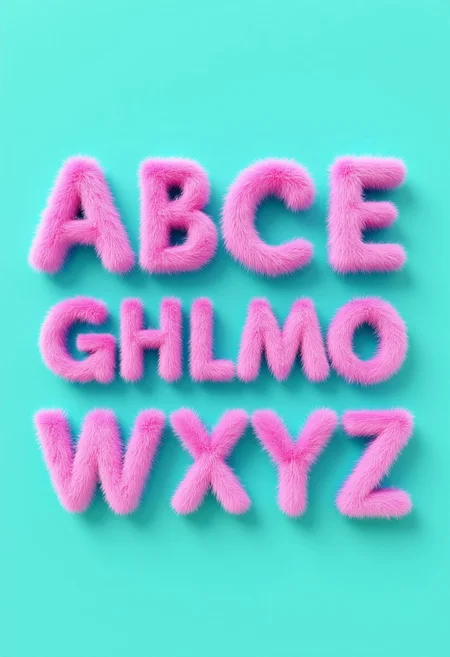 furrytext ABC with pink letters coated in pink furr on turqoise background.