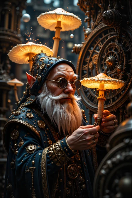 A hyper-realistic portrait, photorealistic photo close-up image of An elderly gnome man with a wiry, white beard and ruddy, weathered skin is examining a cluster of massive, glowing mushrooms in the middle of a vast, abandoned clock tower. His tiny frame is draped in a long coat made from hundreds of tiny, interlocking gears, and a brass monocle with multiple lenses is perched on his nose. The mushrooms tower over him, their caps glowing with a soft, pulsating light that illuminates the ancient, rusted gears and clockwork mechanisms around them. He carefully inspects the mushrooms with a set of tiny, delicate tools, adjusting the gears on his coat as he works. The sound of ticking clocks and the faint creaking of metal echoes through the tower, adding to the sense of timelessness in the scene. As he touches the mushrooms, they release a cloud of sparkling spores that drift lazily through the air, catching the light in a dazzling display. The scene is a captivating blend of the ancient and the strange, where the gnomeâs attire and the unusual plants create an atmosphere of forgotten magic and mechanical wonder. (photography, high-resolution, dynamic, energetic,hyper-realistic, dramatic lighting, shallow depth of field.), detailmaximizer, MythP0rt<lora:midjourney_whisper_flux_lora_v01:0.55><lora:aidmaMJ6.1-FLUX-V0.1:0.4><lora:FluxMythP0rtr4itStyle:0.4><lora:detailed_flux_ntc:2.2><lora:aidmaImageUpgrader-FLUX-V0.1:0.65>