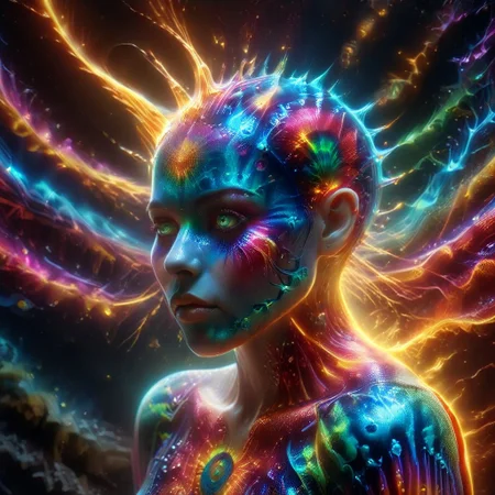 a full body fire entity girl with multicolored flames, purple and blue lights, green and blue flames, pink energy electric eyes, professional photography of an fantastical creature, young woman, shaved head Finely detailed, in a solarpunk environment, looking at viewer, solo, headwear removed, realistic, night blue sky, own hands, spooky makeup, entirely made of stars and galaxies, cyber light trails with whimsical elements, swirling magic, eerie fairytale landscape, elaborate fantasy style art, very colorful, intricate details, ultra sharp, exquisite detail, flawless composition, vivid colors, masterpiece, exciting background, psychedelicai, made out of,colorful,liquid,Murano Art Glass, GlowingInk, mad-glowtiedye, glowneon, glowing, sparks, lightning